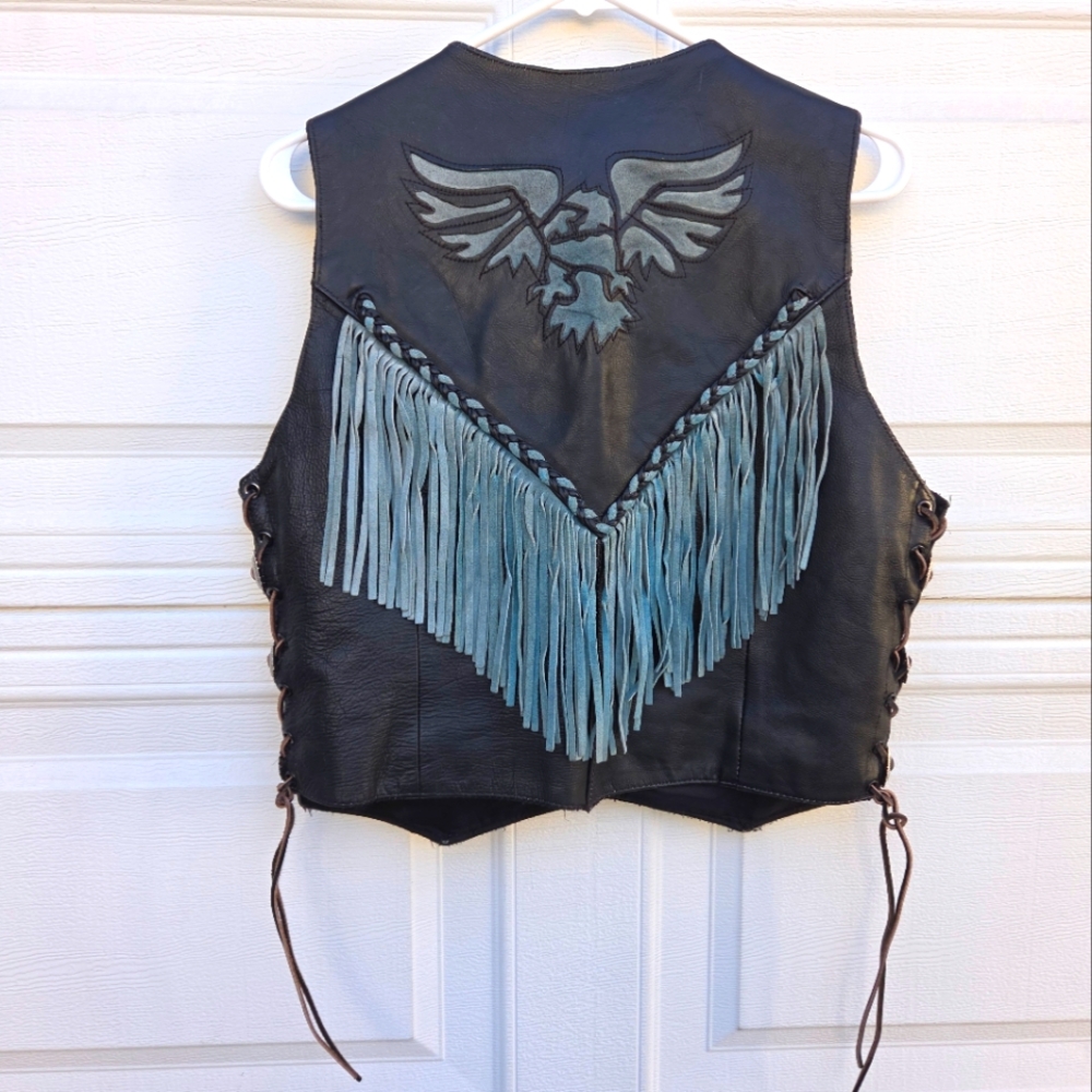 Edgy Black Leather Vest with Blue Fringe